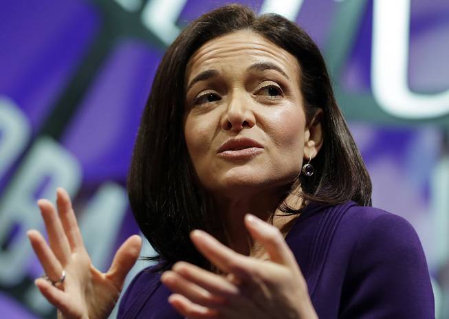 In this Nov. 3, 2015, file photo, Facebook Chief Operating Officer Sheryl Sandberg speaks during a forum in San Francisco. Sandberg encouraged graduating seniors at the University of California, Berkeley to persevere in life's challenging times, speaking publicly for the first time about her husband's death during a commencement speech on Saturday, May 14, 2016.
