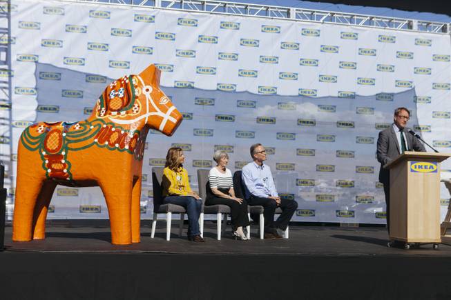 Deputy Chief of Mission for the Swedish Embassy Goran Lithell speaks during at the grand opening of Ikea on Wednesday, May 18, 2016, in Las Vegas. Sitting on stage from left to right is Store Manager Amy Jensen, Clark County Commissioner Susan Brager, and Ikea U.S. President Lars Petersson.