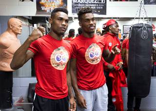 Twin brothers Jermell, left, and Jermall Charlo pose during a media workout at the UNLV boxing gym Wednesday, May 18, 2016. The brothers will both be fighting on a boxing card at the Cosmopolitan Las Vegas Saturday, May  21.
