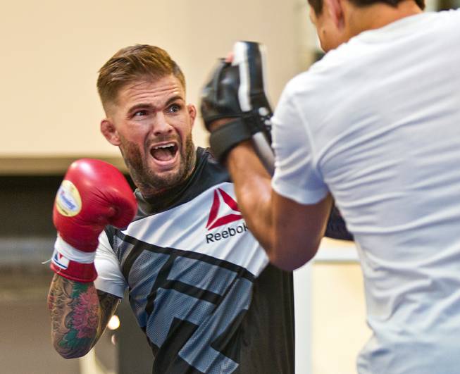 Bantamweight Cody Garbrandt throws another hard punch during the UFC Fight Night workouts at the Las Vegas Harley Davidson store on Thursday, May 27, 2016.