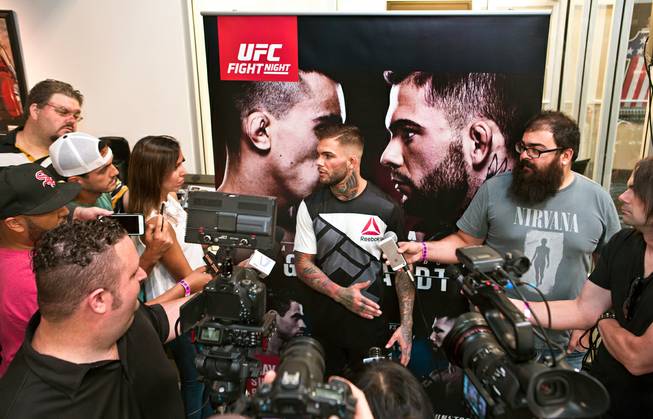 Bantamweight Cody Garbrandt answers questions by the media during the UFC Fight Night workouts at the Las Vegas Harley Davidson store on Thursday, May 27, 2016.
