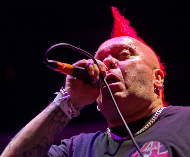 The lead singer of The Exploited excites the crowd during the Punk Rock Bowling & Music Festival in Downtown Las Vegas on Saturday, May 28, 2016.
