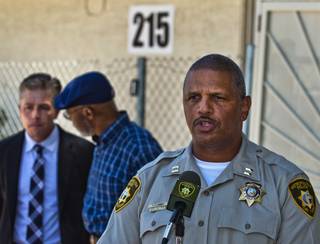 LVMPD Bolden Area Command Captain Robert Plummer joins other community partners in holding a news conference to discuss an arrest made in the shooting deaths of three victims that occurred on December 7, 2015 in the 200 block of Jackson Avenue on Tuesday, May 31, 2016.