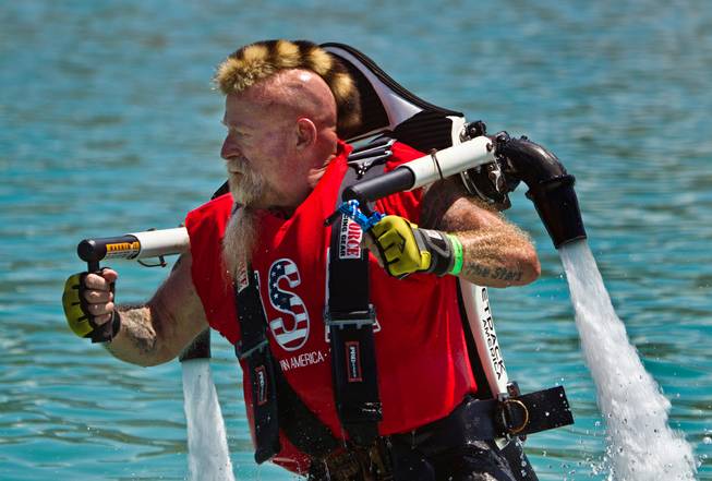 Jetpack competitor Mark Holmes rises out of the water Hydro-Fest 2016 takes to Lake Spring Mountain in Pahrump on Saturday, June 11, 2016.