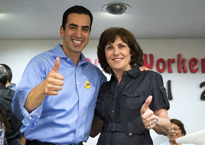 Democratic Congressional primary winners Ruben Kihuen, left, Nevada's 4th congressional district, and Jacky Rosen, 3rd congressional district, give thumbs up at the Culinary Workers Union, Local 226, headquarters Tuesday, June 14, 2016.