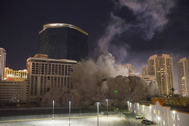 The Riviera's Monaco Tower is imploded early Tuesday morning in Las Vegas on June 14, 2016.