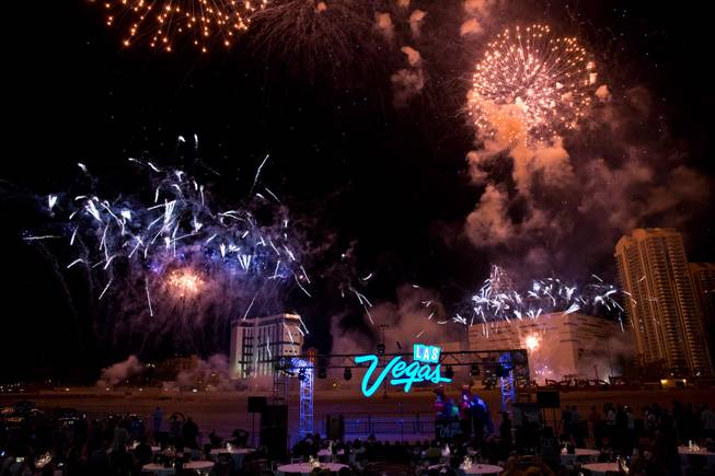 Fireworks are seen before the implosion of The Riviera's Monaco tower early Tuesday morning in Las Vegas, June 14, 2016.