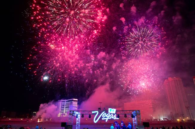 Fireworks are seen before the implosion of The Riviera's Monaco tower early Tuesday morning in Las Vegas, June 14, 2016.