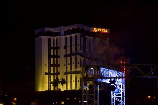 The Riviera's Monaco tower is imploded early Tuesday morning in Las Vegas, June 14, 2016.