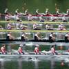 From front, the teams of Russia, New Zealand, the U.S., Great Britain and Canada start at the Women's Eight Final race Sunday, May 29, 2016, at the Rowing World Cup on Lake Rotsee in Lucerne, Switzerland. The Americans have won 10 consecutive world and Olympic titles in the event, a winning streak that is unmatched in most sports but little known outside the rowing world.