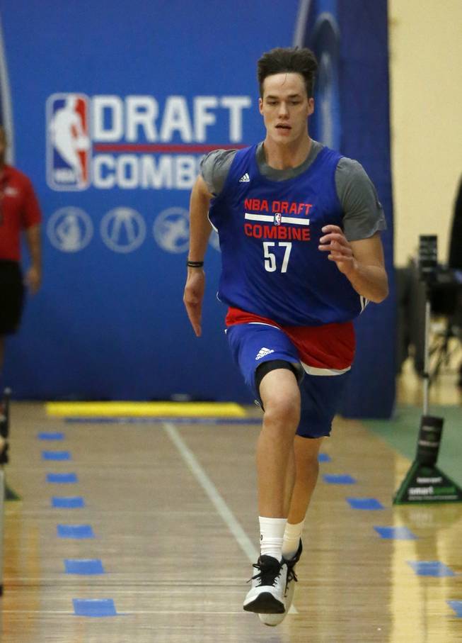 Stephen Zimmerman, from UNLV, participates in the NBA draft basketball combine Friday, May 13, 2016, in Chicago.