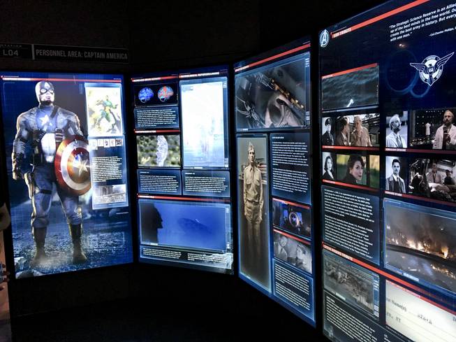 A Captain America information graphics display at the Marvel’s Avengers STATION, an immersive exhibit that takes visitors on a journey through the Avengers superhero franchise, Tuesday, June 14, 2016, at Treasure Island. 