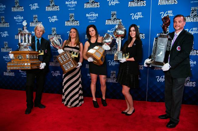 Some of the hockey trophies to be awarded are shown on the Red Carpet leading up to the 2016 NHL Awards at The Joint inside the Hard Rock Hotel and Casino on Wednesday, June 22, 2016.