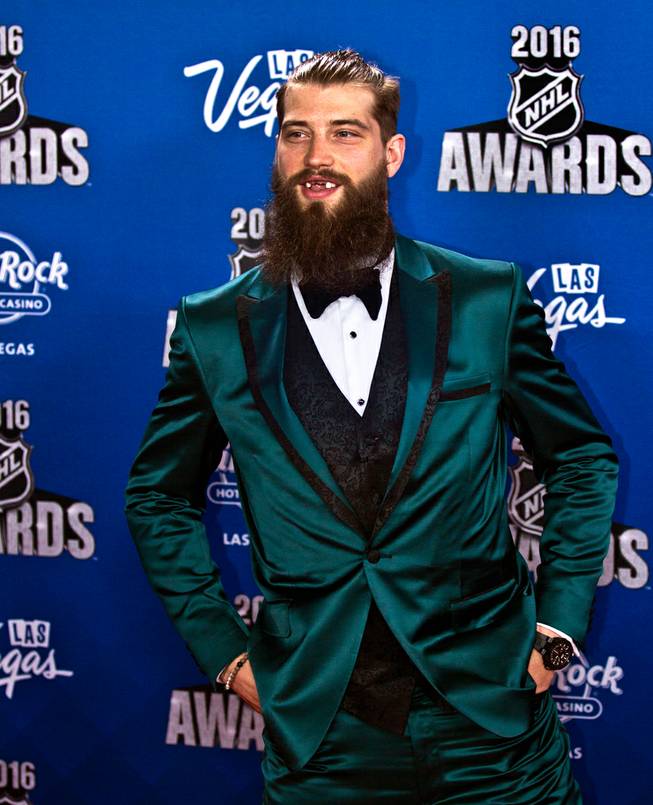 Brent Burns poses for photographers on the Red Carpet leading up to the 2016 NHL Awards from The Joint within the Hard Rock Hotel and Casino on Wednesday, June 22, 2016.