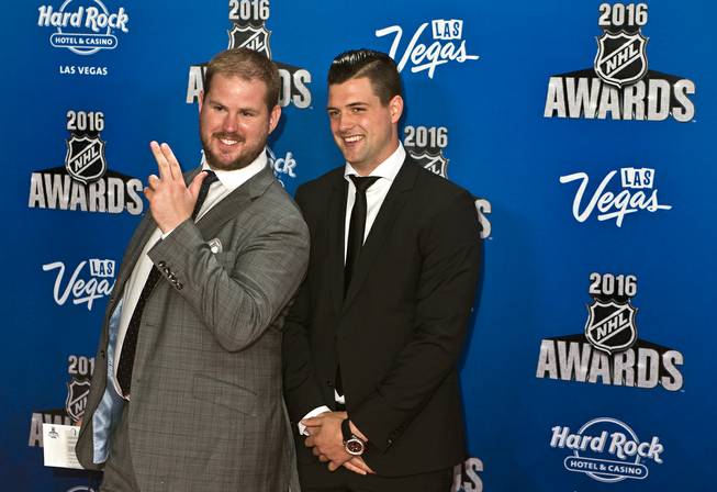 A friend joins Jamie Benn (right) on the Red Carpet leading up to the 2016 NHL Awards from The Joint within the Hard Rock Hotel and Casino on Wednesday, June 22, 2016.