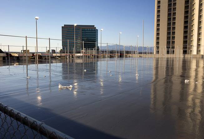 A view of pickleball courts, still under construction, are shown during a preview event for the new rooftop pool at the Plaza in downtown Las Vegas Thursday, June 23, 2016. In addition to the pool area the roof will have 16 courts dedicated to pickleball. The pool officially opens on July 2.