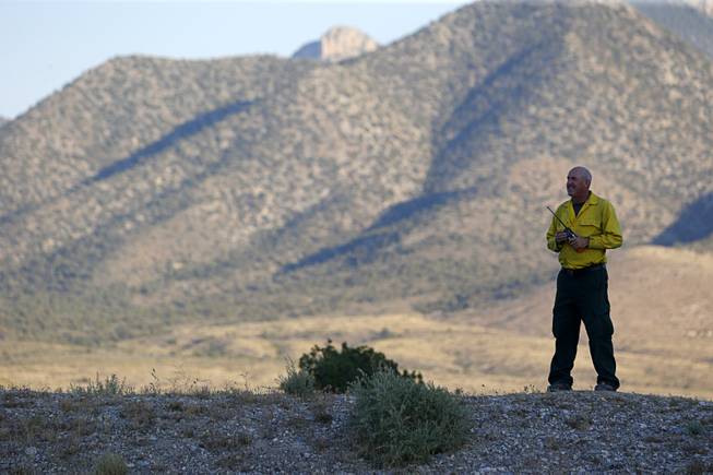 Ray Johnson, a U.S. Forest Service fire prevention officer, watches as air tankers drop retardant on a brush fire near Lovell Canyon Road and State Route 160 Sunday, June 26, 2016.