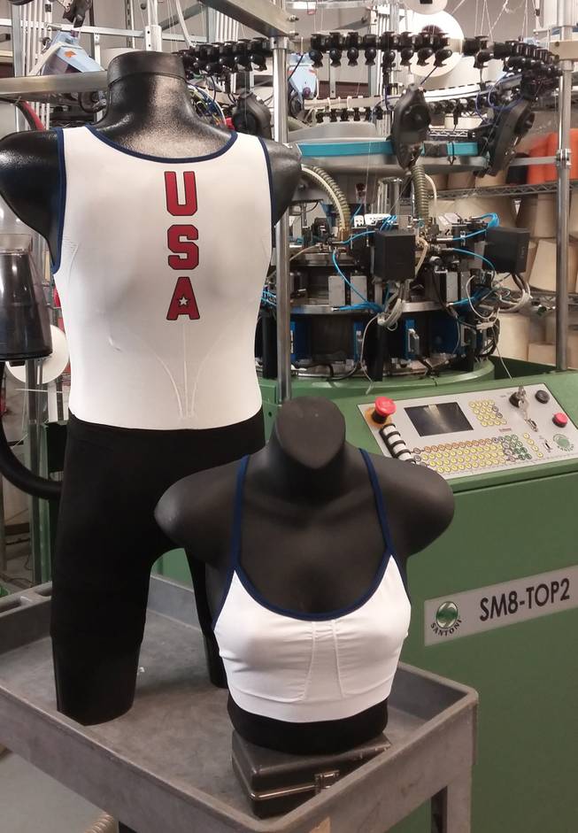 In this undated handout photo, the new training unisuits for U.S. rowers are displayed in a factory in Charlotte, NC. U.S. Olympic rowers are receiving the new, high-tech training suit with anti-microbial features designed to protect them against water pollution in Rio de Janeiro.