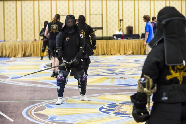 Sword-fighters compete in the women's long-sword competition during CombatCon 2016, at the Westgate Las Vegas Resort & Casino, Friday, July 8, 2016.