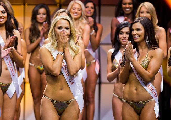 Top five contestant Caitlyn Efel of Kennesaw, Georgia,  is overwhelmed to be selected during the Hooters 20th Anniversary International Swimsuit Pageant where 80 girls from around the globe compete live from the Pearl Theater on Wednesday, July 13, 2016.