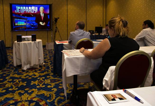 Jeopardy! host Alex Trebek gives a video welcome to potential candidates having already passed the initial online test and now returning for a more formal testing and audition process at the Venetian on Thursday, July 14, 2016.  .