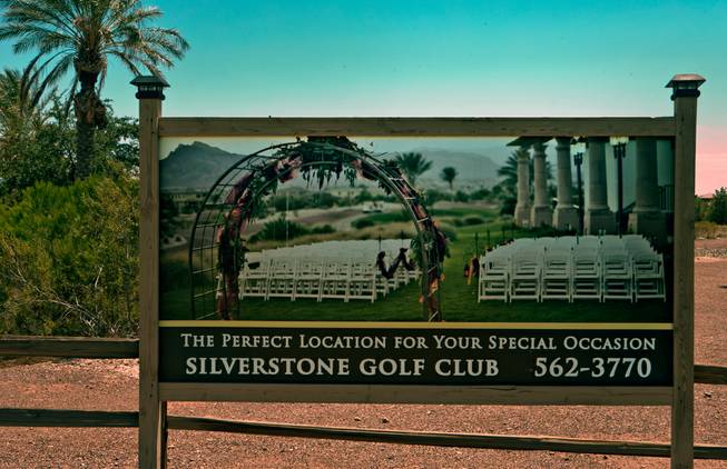 Sign for the Silverstone Golf Club which is closed and quite lifeless with dead grass greens and no waterways on Saturday, July 16, 2016.