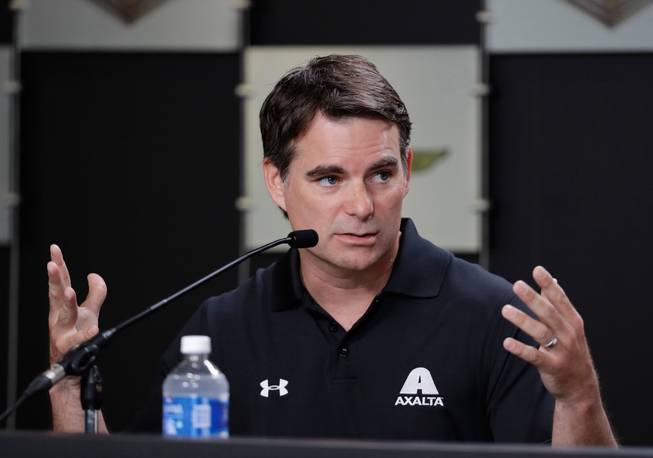 Driver Jeff Gordon responds to a question Friday, July 22, 2016, during a news conference for the Brickyard 400 NASCAR auto race at the Indianapolis Motor Speedway in Indianapolis.