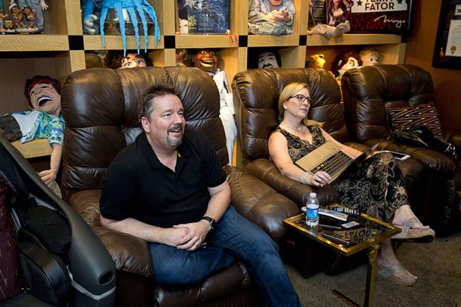 Entertainer Terry Fator and his wife Angie watch a taped appearance featuring Fator and other past winners on "America's Got Talent" after a performance in the Mirage Wednesday, July 27, 2016.  Fator got his big break when he won "America's Got Talent" in 2007.