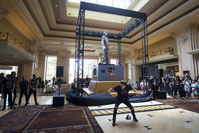 A 10-foot-tall Michael Jackson statue is unveiled in the Mandalay Bay lobby Thursday, July 28, 2016. The statue is on loan from the Estate of Michael Jackson.