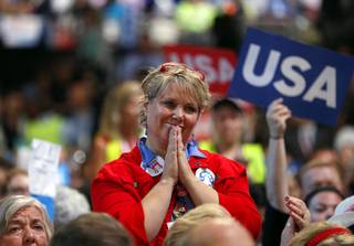 A delegate reacts during the final day of the Democratic National Convention in Philadelphia, Thursday, July 28, 2016. (AP Photo/Carolyn Kaster)