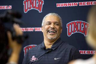 Marvin Menzies, UNLV men's basketball head coach, speaks with reporters during UNLV basketball practice at Mendenhall Center on the UNLV campus Monday, August 1, 2016. The Rebels are practicing in preparation for a tournament later this month in the Bahamas.