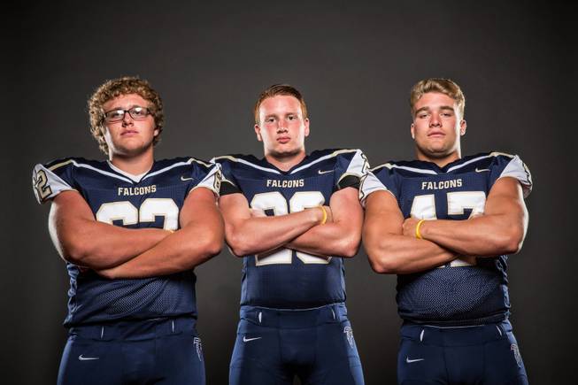 Members of the Foothill High football team pose for a photo at the Las Vegas Sun's high school football media day July 20, 2016 at the South Point. They include, from left, Jack Reynolds, Brandon Hargis, and Justin Dunlap.