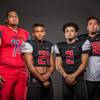 Members of the Liberty High football team pose for a photo at the Las Vegas Sun's high school football media day July 20, 2016 at the South Point. They include, from left, Malaesala Aumavae-Laulu, Darion Acohido, Ethan Dedeaux, and Will Brewer.