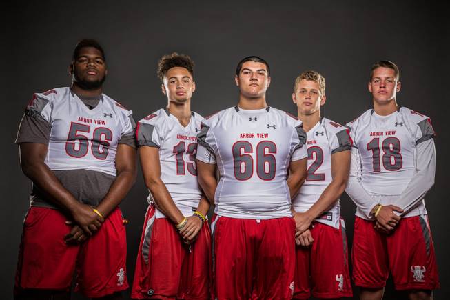 Members of the Arbor View High football team pose for a photo at the Las Vegas Sun's high school football media day July 20, 2016 at the South Point. They include, from left, Greg Rogers, Mike Sims, Ryan Hurley, Andrew Wagner, and Hayden Bollinger.