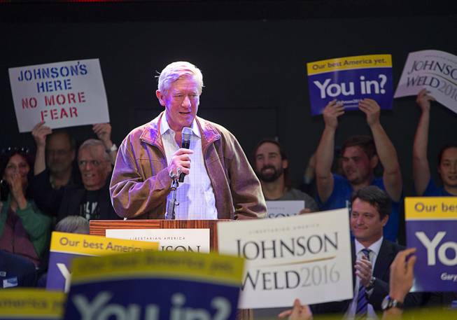 Libertarian Party vice-presidential candidate William Weld, former governor of Massachusetts, speaks during a campaign stop at The Foundry nightclub in the SLS Las Vegas Thursday, Aug. 18, 2016.