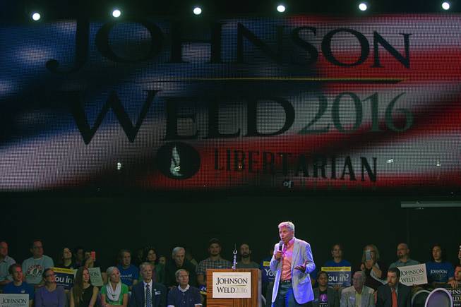 Libertarian Party candidate for president Gary Johnson, a former New Mexico governor, speaks during a campaign stop at The Foundry nightclub in the SLS Las Vegas Thursday, Aug. 18, 2016.