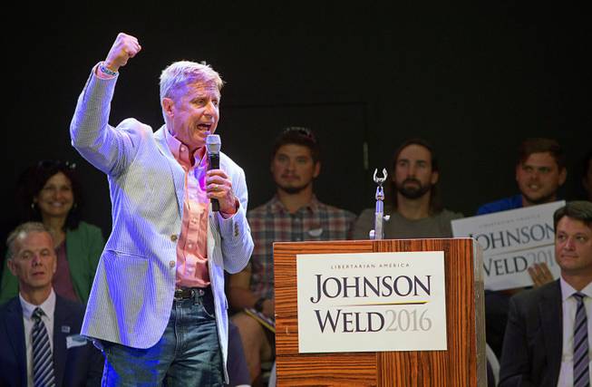 Libertarian Party candidate for president Gary Johnson, a former New Mexico governor, speaks during a campaign stop at The Foundry nightclub in the SLS Las Vegas Thursday, Aug. 18, 2016.