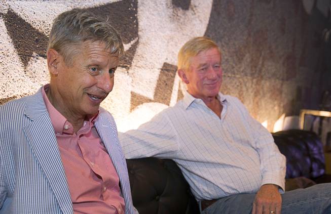 Libertarian Party candidate for president Gary Johnson, left, a former New Mexico governor, and vice-presidential candidate William Weld, former governor of Massachusetts, respond to questions during an interview in the SLS Las Vegas Thursday, Aug. 18, 2016.