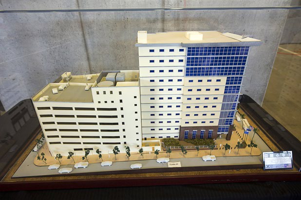 A building model is displayed during an opening ceremony for the Federal Justice Tower, a new office building in downtown Las Vegas, Thursday, Aug. 18, 2016. The building will provide office space for multiple components of U.S. Immigration and Customs Enforcement, the U.S. Attorneys Office for the District of Nevada, the Federal Protective Service and the Department of Labors Office of the Inspector General.