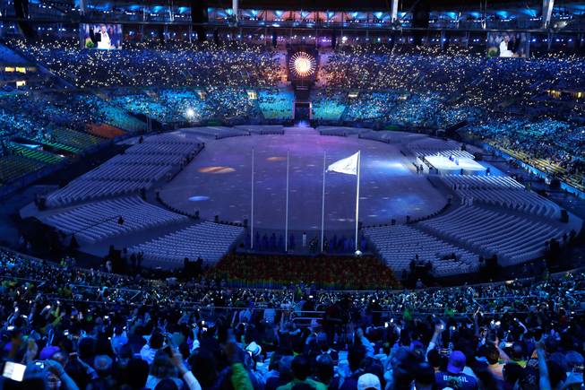 A celestial scene is projected on the floor of the Maracana stadium Sunday, Aug. 21, 2016, during the closing ceremony at the 2016 Summer Olympics in Rio de Janeiro.