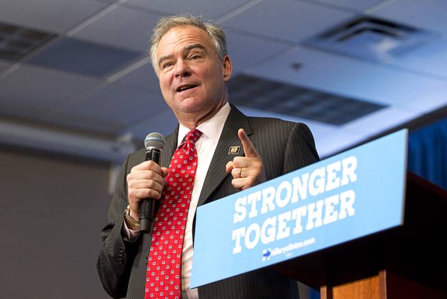 Democratic vice presidential candidate Tim Kaine speaks to supporters during a rally at the United Association Local 525 Plumbers and Pipefitters Training Center in Las Vegas Monday, Aug. 22, 2016.
