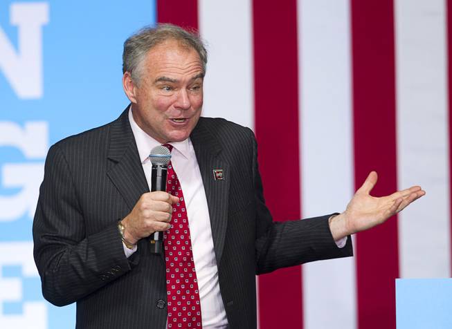 Democratic vice presidential candidate Tim Kaine speaks to supporters during a rally at the United Association Local 525 Plumbers and Pipefitters Training Center in Las Vegas Monday, Aug. 22, 2016.