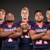 Members of the Coronado High football team pose for a photo at the Las Vegas Sun's high school football media day July 20, 2016 at the South Point. They include, from left, Dru Harris, La'Avionce Richard, Landon Rowland, Justin Balagna, and Tyler Chorens.