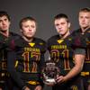 Members of the Pahrump Valley High football team pose for a photo at the Las Vegas Sun's high school football media day July 20, 2016 at the South Point. They include, from left, Garrett Monje, Jesse Dillon, Case Murphy, and  Riley Sutton.