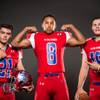 Members of the Valley High football team pose for a photo at the Las Vegas Sun's high school football media day July 20, 2016 at the South Point. They include, from left, Gustavo Gomez, Iyen Medlock, and Sonny Gibson.