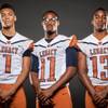 Members of the Legacy High football team pose for a photo at the Las Vegas Sun's high school football media day July 20, 2016 at the South Point. They include, from left, Jamal Britt, A.J. Culpepper, and Marcellus McCoy.