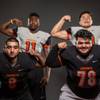 Members of the Chaparral High football team pose for a photo at the Las Vegas Sun's high school football media day July 20, 2016 at the South Point. They include, from left, Santiago Vialpando, Kentrell Petite, Jesus Fernandez, and Jose Bravo.
