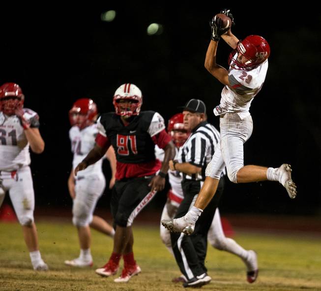 Arbor View's Deago Stubbs (23) elevates for a big grab late versus Liberty during their season opener on Friday, August 26, 2016.