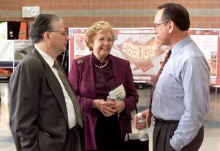 From left, Regent Mark Alden, Board of Regents Chairwoman Thalia Dondero and Henderson Mayor Jim Gibson chat during the Nevada State College Campus Design Competition at Foothills High School in Henderson on Sunday, April 1, 2001.