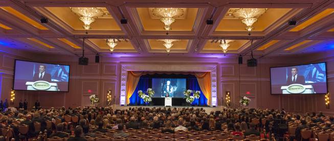 Steve Wynn, founder and chairman of Wynn Resorts, speaks at a memorial celebration for longtime Las Vegas banker and business icon E. Parry Thomas in the Encore Ballroom at the Wynn Encore Resort in Las Vegas on Tuesday, Sept. 6, 2016. Thomas, 95, died Friday, Aug. 26, 2016.